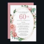 Convite Rosa vermelha de Pastel Floral 60ª Festa de aniver<br><div class="desc">Um vermelho pastel macio que é quase cor-de-rosa cria um belo design floral neste elegante convite de 60 anos. As rosas vermelhas estão aninhadas em folhas verdes profundas. As rosas e folhas decoram uma moldura de ouro com vários fios. O 60º está escrito em um grande texto vermelho. O resto...</div>