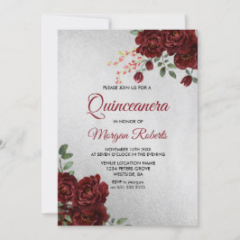 Convite Rosa vermelha de Silver Burgundy Quinceanera