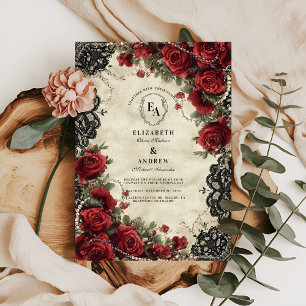Convite Rosa vermelha de vindima e Casamento de renda pret