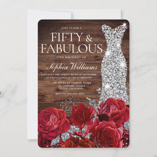 Convite Rosa vermelha Diamond Gown Rustic 50th Birthday (Frente)