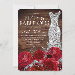 Convite Rosa vermelha Diamond Gown Rustic 50th Birthday