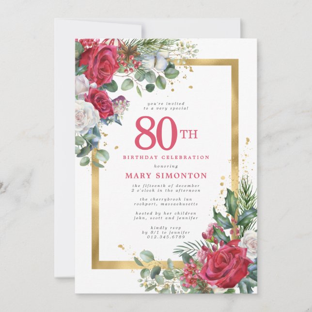 Convite Rosa vermelha Dourada Holly 80 Aniversário (Frente)