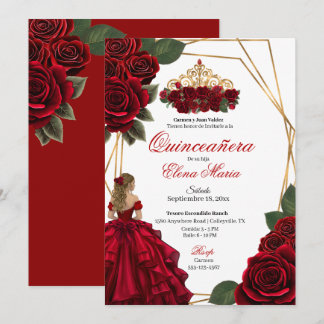 Convite Rosa vermelha Dourada Quinceañera