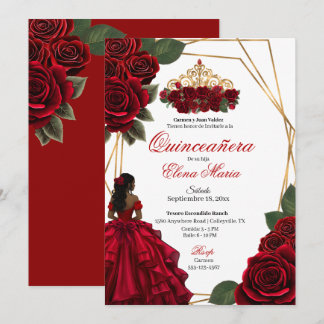 Convite Rosa vermelha Dourada Quinceañera