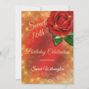 Convite Rosa vermelha Dourada Sparkle Satin Sweet 16 Anive