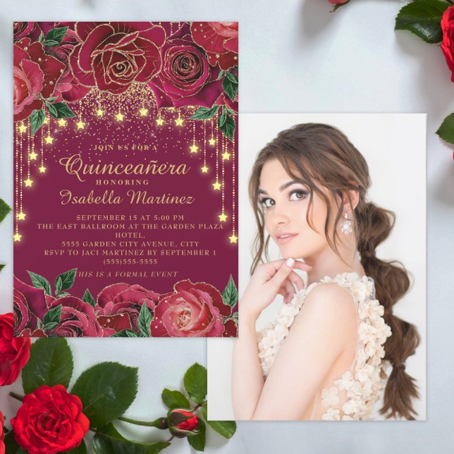 Convite Rosa vermelha Dourada String Light Star Photo Quin (Elegant red roses and gold string lights Quinceanera photo invitation)