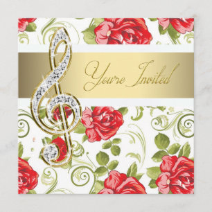 Convite Rosa vermelha Dourada Treble Clef Considerando Con