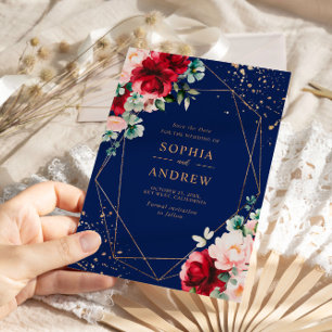 Convite Rosa vermelha & Dourada Watercolor Floral Salvar a