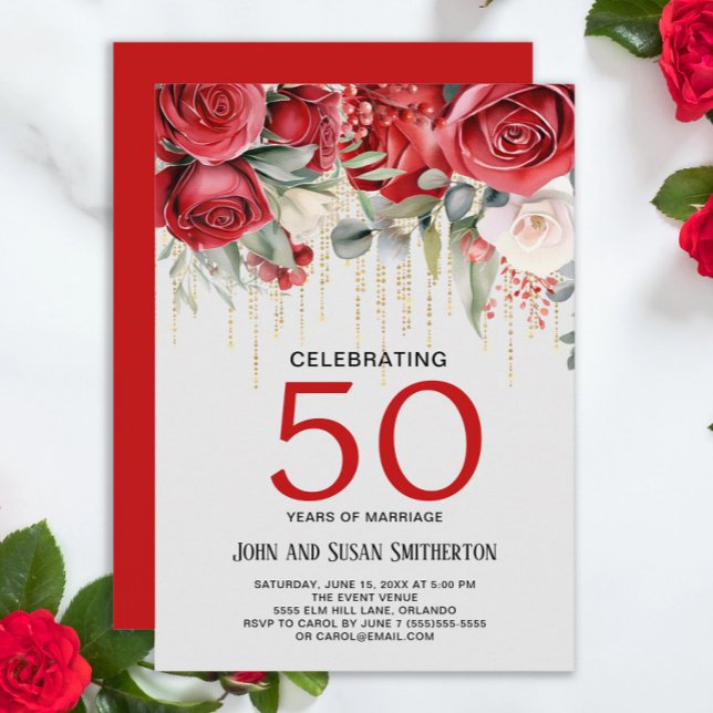 Convite Rosa vermelha Dourado String Luzes 50 anos (Red roses and gold curtain string lights 50th wedding anniversary invitation)