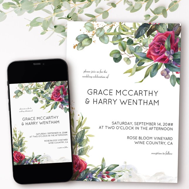 Convite Rosa vermelha e Casamento Simples e Eucalyptus (Floral wedding invitation from my Red Rose and Eucalyptus collection)