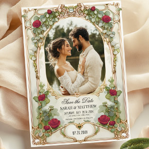 Convite Rosa Vermelha e Dourado Floral Salvar a Data com F
