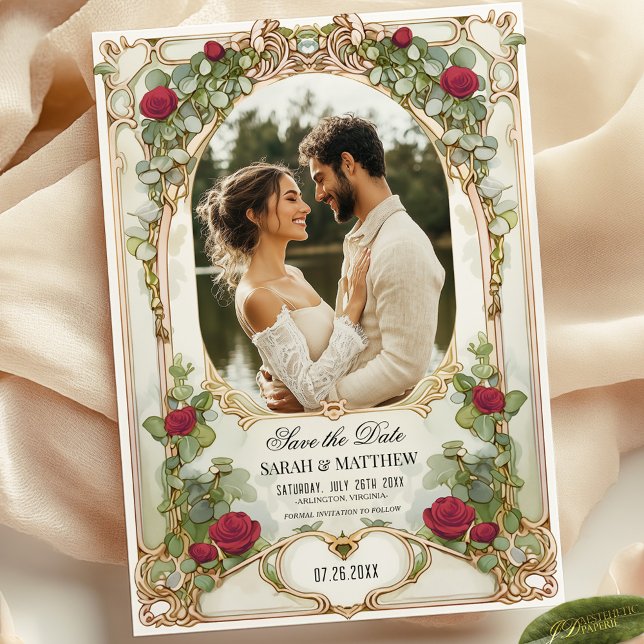 Convite Rosa Vermelha e Dourado Floral Save the Date com F (Criador carregado)