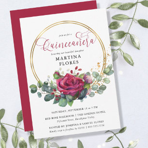 Convite Rosa Vermelha e Eucalipto Elegante Floral Quincean