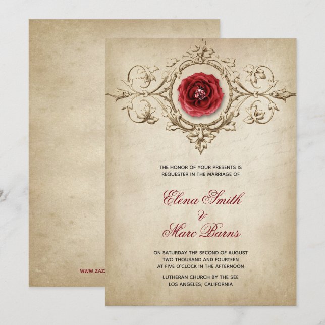 Convite Rosa Vermelha e Ornamento Bege Casamento (Frente/Verso)