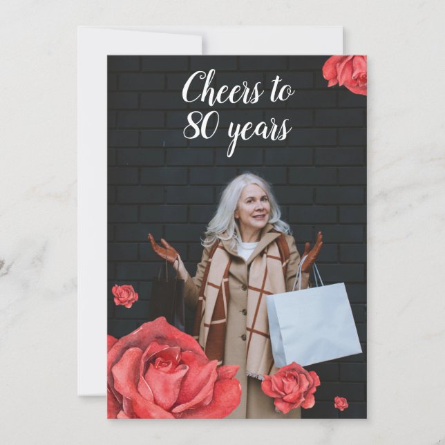 Convite Rosa vermelha Elegante Mãe Foto 80 de Aniversário (Frente)