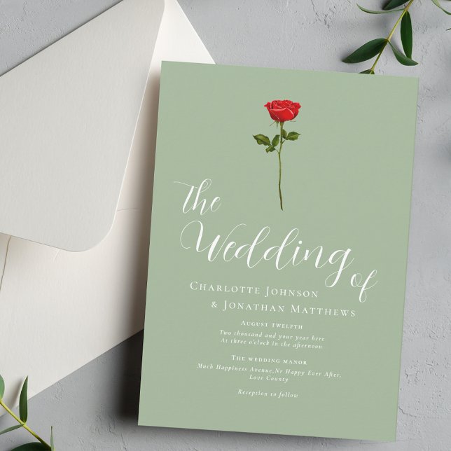 Convite Rosa vermelha Elegante Mínima - Sage Verde (Elegant single red rose calligraphy script sage green wedding Stylish minimalist modern watercolor )