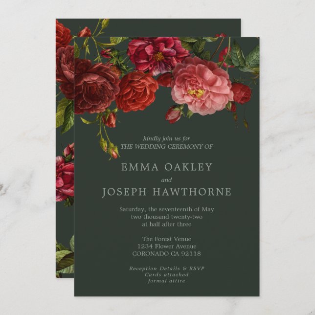 Convite Rosa vermelha elegante no casamento clássico da vi (Frente/Verso)