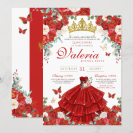 Convite Rosa vermelha Elegante Princesa Quinceañera