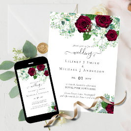 Convite Rosa vermelha Eucalyptus Impresso ou Casamento Dig