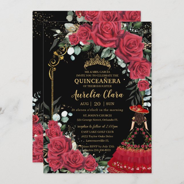 Convite Rosa vermelha Floral Black Charro Quinceañera (Frente/Verso)