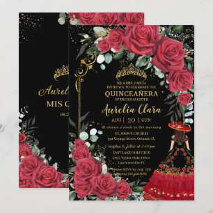 Convite Rosa vermelha Floral Black Charro Quinceañera