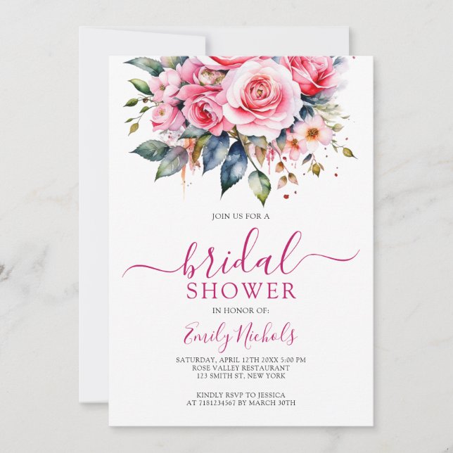 Convite Rosa vermelha FLORAL BUQUÊ DE PINCO DE ÁGUA 16 (Frente)