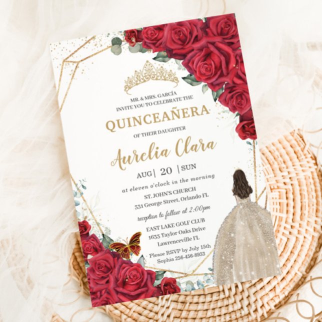 Convite Rosa vermelha Floral Champagne Garota Quinceañera (Criador carregado)
