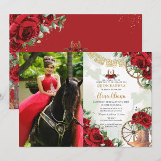 Convite Rosa vermelha Floral Charro Boots Quinceañera Foto