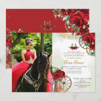 Convite Rosa vermelha Floral Charro Boots Quinceañera Pict