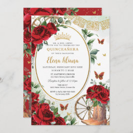 Convite Rosa vermelha Floral Charro Boots Quinceañera Swee