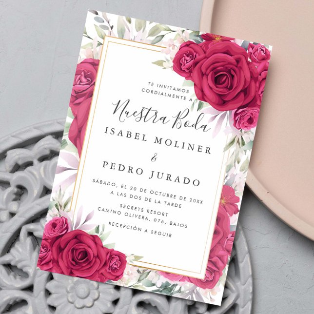 Convite Rosa vermelha Floral Nuestra Boda Casamento Espanh (Criador carregado)