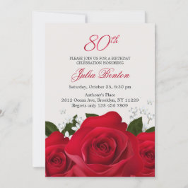 Convite Rosa vermelha, flores brancas, 80 de Aniversário