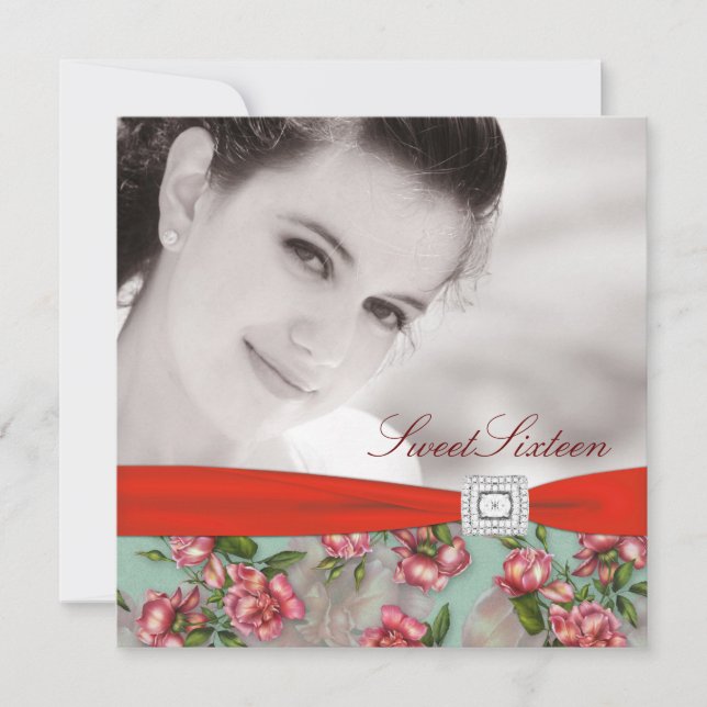 Convite Rosa vermelha Foto Doce Dezesseis Festas de aniver (Frente)
