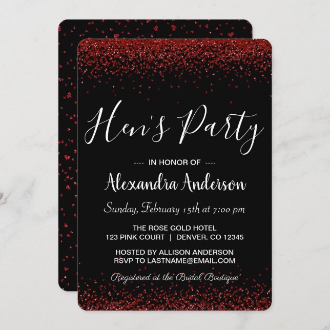 Convite Rosa vermelha Glitter Sparkle Hen's Party (Frente/Verso)