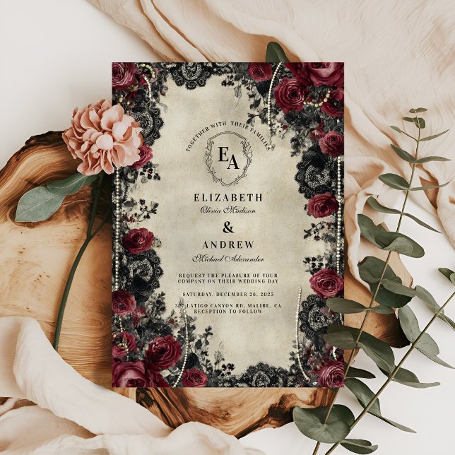 Convite Rosa vermelha Gótica e Lace Romance (Criador carregado)