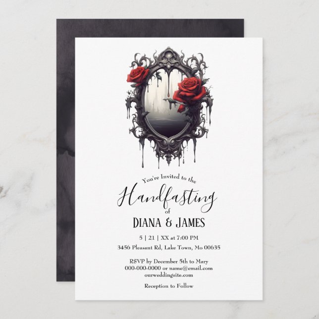 Convite Rosa vermelha Gótica Escuro e Fantasia Espelho Lid (Frente/Verso)