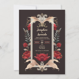 Convite Rosa vermelha Gótica Romântica e Casamento Dourado