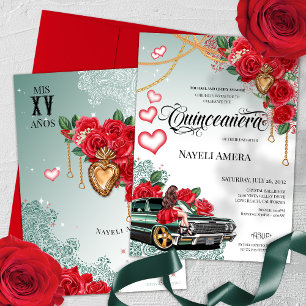 Convite Rosa vermelha Green Lowrider Mexicana Chola Quince