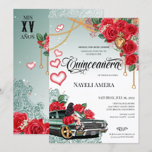 Convite Rosa vermelha Green Lowrider Mexicana Quince Anive