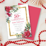 Convite Rosa vermelha Holly 50th Birthday Surprise Party<br><div class="desc">Belos rosas vermelhos e brancos estão aninhados em folhas de preto e eucalipto para criar um elegante display floral. Eles decoram uma grande estrutura de ouro e são aplicados com poeira de confete de ouro. A festa surpresa de 50 anos e o nome da pessoa estão escritos em um grande...</div>