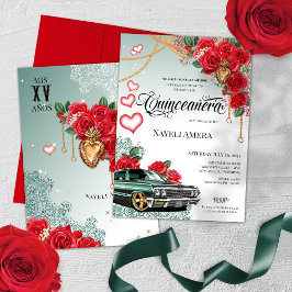 Convite Rosa vermelha Médica Verde Chola Quinceanera