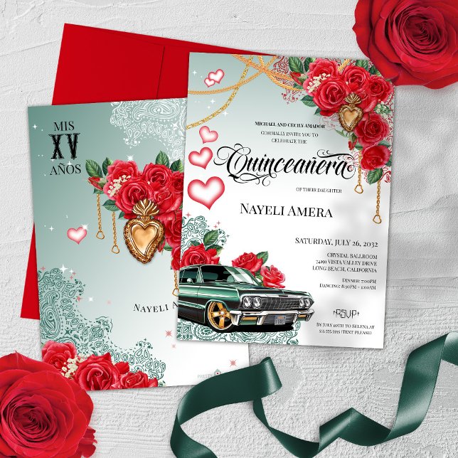 Convite Rosa vermelha Médica Verde Chola Quinceanera (Criador carregado)