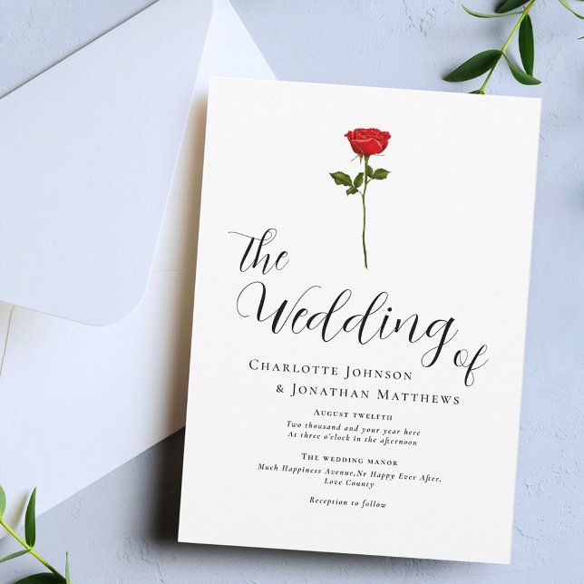 Convite Rosa Vermelha Minimalista Elegante Script (Single red rose elegant script minimalist wedding invitation Watercolor floral modern calligraphy )