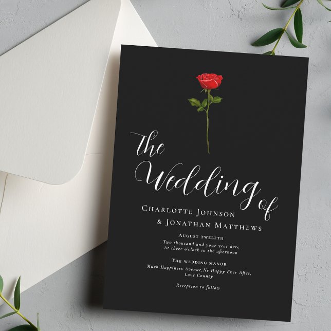 Convite Rosa Vermelha Minimalista Elegante Script Preto e  (Elegant simple single red rose black & white wedding invitation watercolor floral stylish script)