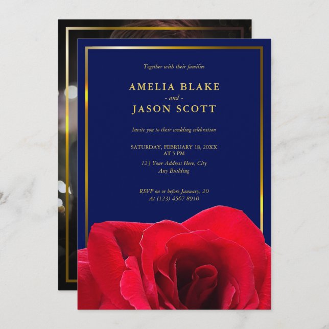 Convite Rosa vermelha no Azul Profundo | Casamento de Foto (Frente/Verso)
