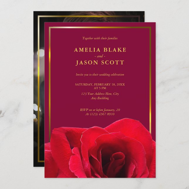 Convite Rosa vermelha no Rosa Profundo | Casamento de Foto (Frente/Verso)