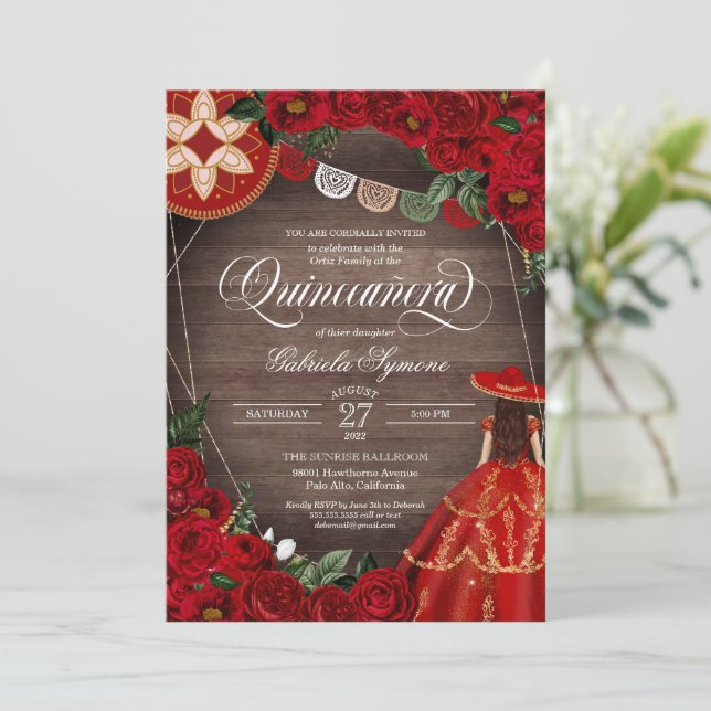 Convite Rosa vermelha Ocidental Carra Mariachi Quinceañera (Em pé/Frente)