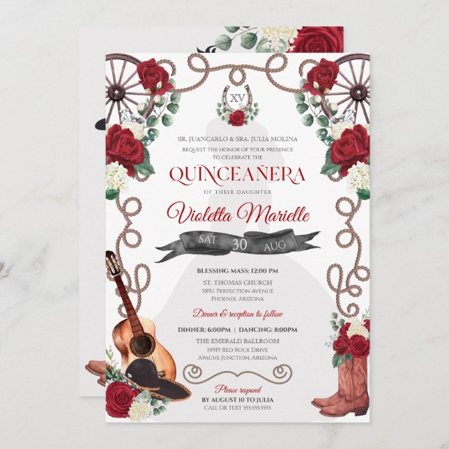 Convite Rosa vermelha Ocidental Quinceañera Elegante Charr (Frente/Verso)