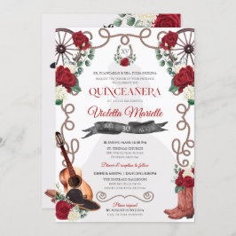 Convite Rosa vermelha Ocidental Quinceañera Elegante Charr
