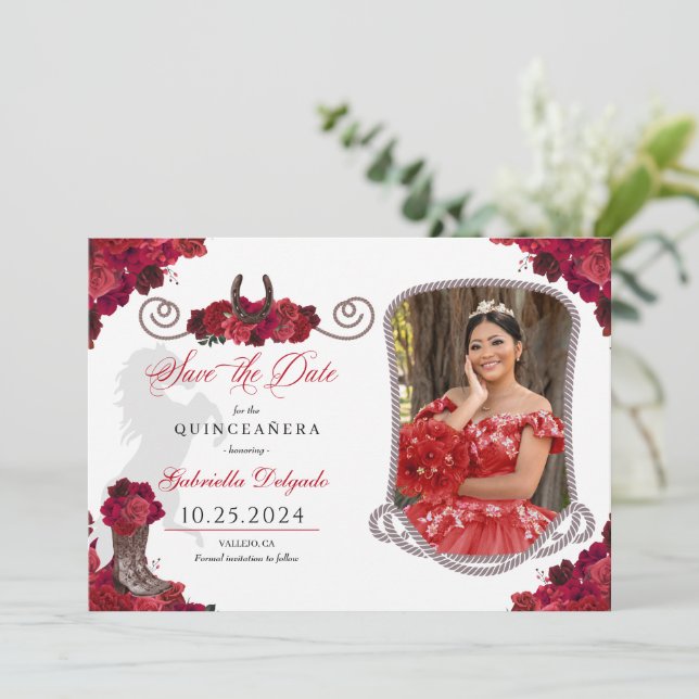 Convite Rosa vermelha Ocidental Quinceañera Salve A Foto D (Em pé/Frente)